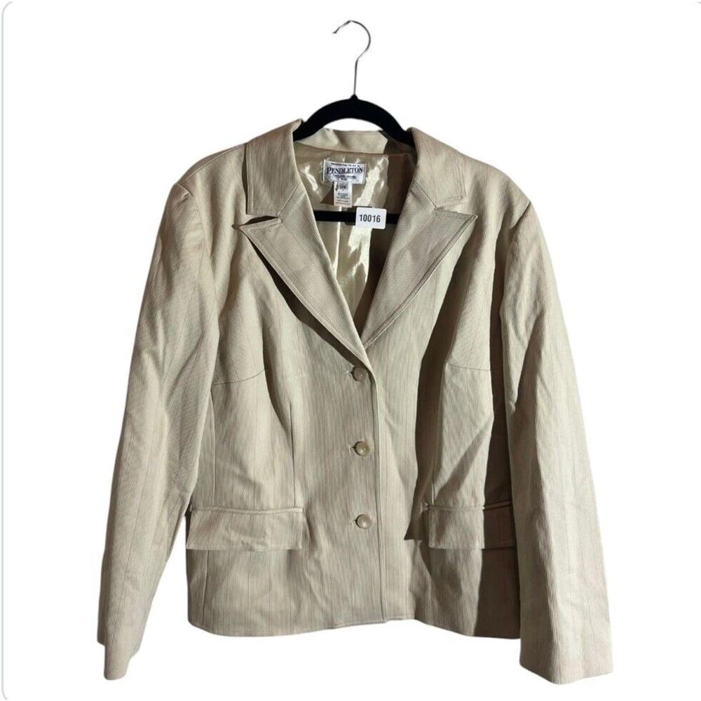 Vintage Pendleton Blazer Jacket Womens 14W Striped Beige 3 Buttons Casual Career